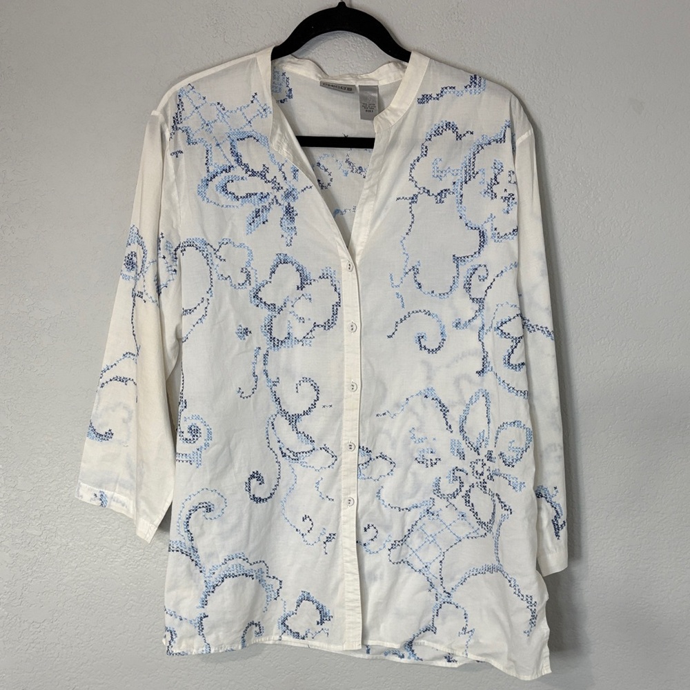 Chico’s White Blue Embroidered Button Down Shirt Tunic 3/XL/16